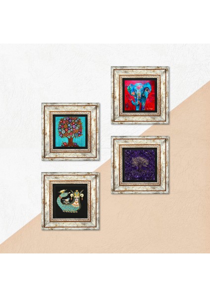Fil, Hayat Ağacı, Şahmeran Çerçeveli Taş Duvar Tablosu 4’lü Set - Dekoratif Modern Sanat, Ev ve Ofis Dekoru |TK4-1296| indirimleri