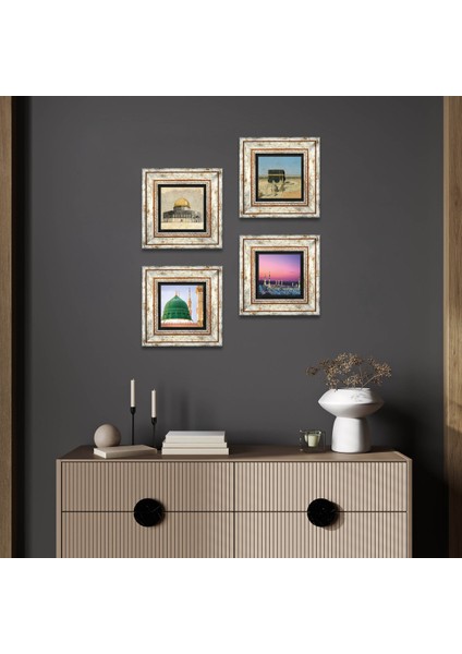 Kabe-i Muazzama, Mescid-i Aksa, Ravza-i Mutahhara Çerçeveli Taş Duvar Tablosu 4’lü Set - Dekoratif Modern Sanat, Ev ve Ofis Dekoru |TK4-1317|