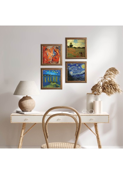 Picasso, Claude Monet, Van Gogh Taş Duvar Tablosu Ahşap Çerçeveli Duvar Dekoru 4 Parça Tablo Seti Wall Art W4-942