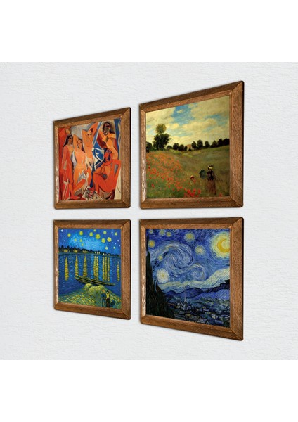Picasso, Claude Monet, Van Gogh Taş Duvar Tablosu Ahşap Çerçeveli Duvar Dekoru 4 Parça Tablo Seti Wall Art W4-942