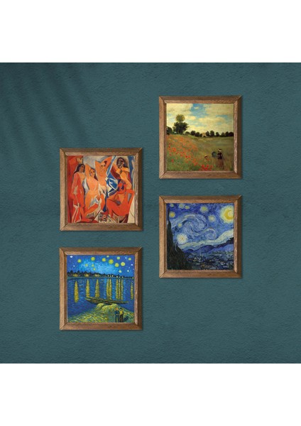 Picasso, Claude Monet, Van Gogh Taş Duvar Tablosu Ahşap Çerçeveli Duvar Dekoru 4 Parça Tablo Seti Wall Art W4-942