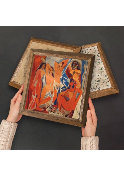 Picasso, Claude Monet, Van Gogh Taş Duvar Tablosu Ahşap Çerçeveli Duvar Dekoru 4 Parça Tablo Seti Wall Art W4-942