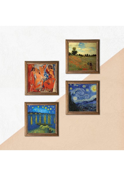 Picasso, Claude Monet, Van Gogh Taş Duvar Tablosu Ahşap Çerçeveli Duvar Dekoru 4 Parça Tablo Seti Wall Art W4-942