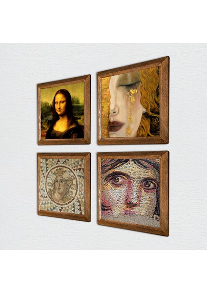 Çingene Kızı, Mozaik, Gustav Klimt, Leonardo da Vinci Ahşap Çerçeveli Taş Duvar Tablosu 4’lü Set – 25x25 cm Dekoratif Modern Sanat – Ev ve Ofis Dekoru |W4-956| fiyatları