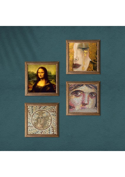 Çingene Kızı, Mozaik, Gustav Klimt, Leonardo da Vinci Ahşap Çerçeveli Taş Duvar Tablosu 4’lü Set – 25x25 cm Dekoratif Modern Sanat – Ev ve Ofis Dekoru |W4-956| modelleri