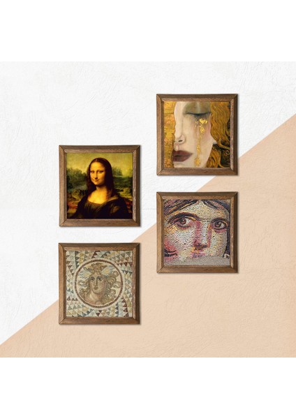Çingene Kızı, Mozaik, Gustav Klimt, Leonardo da Vinci Ahşap Çerçeveli Taş Duvar Tablosu 4’lü Set – 25x25 cm Dekoratif Modern Sanat – Ev ve Ofis Dekoru |W4-956| indirimleri