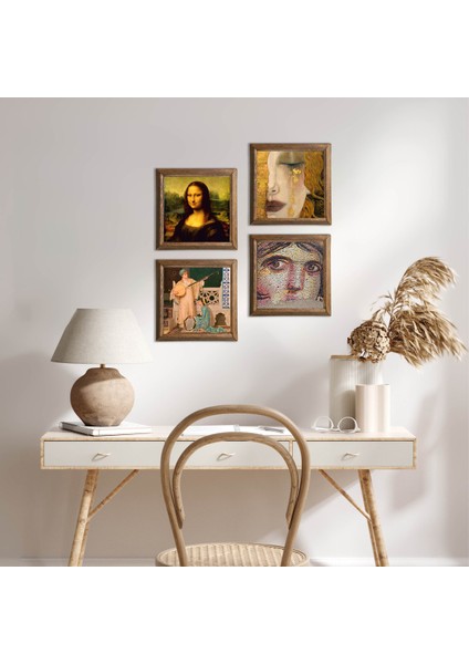 Çingene Kızı, Gustav Klimt, İki Müzisyen Kız, Leonardo da Vinci Taş Duvar Tablosu Ahşap Çerçeveli Duvar Dekoru 4 Parça Tablo Seti Wall Art W4-957