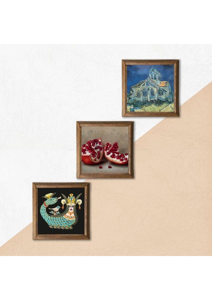 Van Gogh Auvers'deki Kilise, Şahmeran, Nar Taş Duvar Tablosu Ahşap Çerçeveli Duvar Dekoru 3 Parça Tablo Seti Wall Art W3-1030