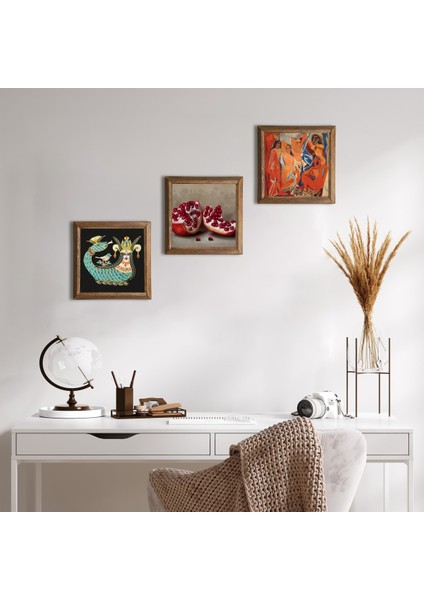 Picasso Avignonlu Kızlar, Şahmeran, Nar Ahşap Çerçeveli Taş Duvar Tablosu 3’lü Set – 25x25 cm Dekoratif Modern Sanat – Ev ve Ofis Dekoru |W3-1033|