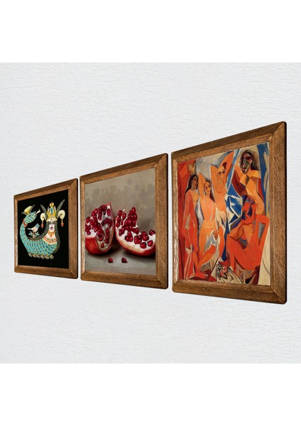 Picasso Avignonlu Kızlar, Şahmeran, Nar Ahşap Çerçeveli Taş Duvar Tablosu 3’lü Set – 25x25 cm Dekoratif Modern Sanat – Ev ve Ofis Dekoru |W3-1033| fiyatları