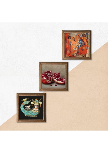 Picasso Avignonlu Kızlar, Şahmeran, Nar Ahşap Çerçeveli Taş Duvar Tablosu 3’lü Set – 25x25 cm Dekoratif Modern Sanat – Ev ve Ofis Dekoru |W3-1033| indirimleri