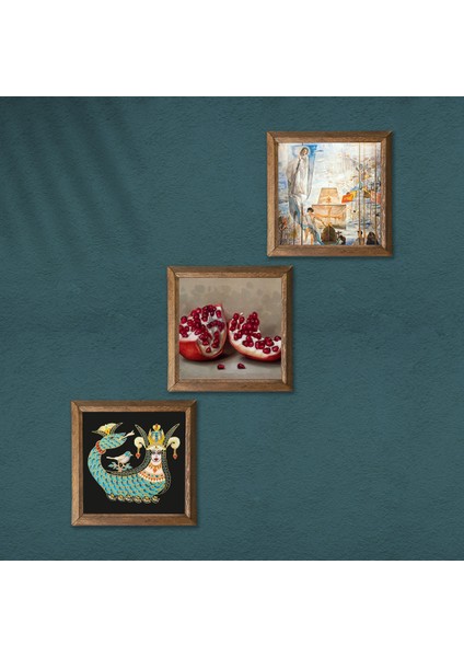 Salvador Dalí Amerika’nın Keşfi, Şahmeran, Nar Taş Duvar Tablosu Ahşap Çerçeveli Duvar Dekoru 3 Parça Tablo Seti Wall Art W3-1035 modelleri