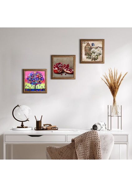 Kelebekli Çiçek, Hayat Ağacı, Nar Taş Duvar Tablosu Ahşap Çerçeveli Duvar Dekoru 3 Parça Tablo Seti Wall Art W3-1039