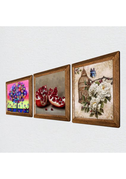 Kelebekli Çiçek, Hayat Ağacı, Nar Taş Duvar Tablosu Ahşap Çerçeveli Duvar Dekoru 3 Parça Tablo Seti Wall Art W3-1039 fiyatları