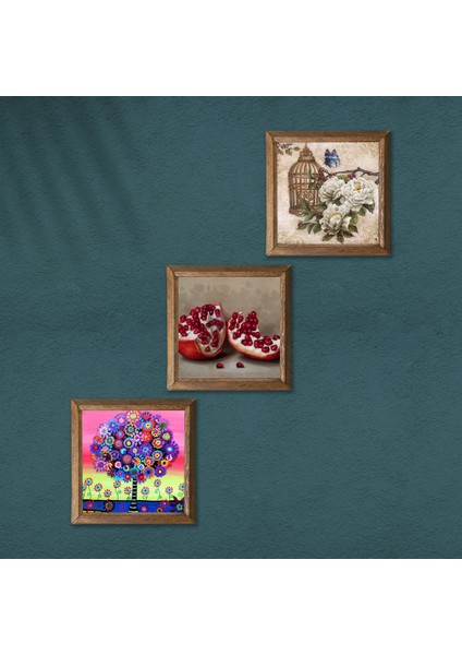 Kelebekli Çiçek, Hayat Ağacı, Nar Taş Duvar Tablosu Ahşap Çerçeveli Duvar Dekoru 3 Parça Tablo Seti Wall Art W3-1039 modelleri