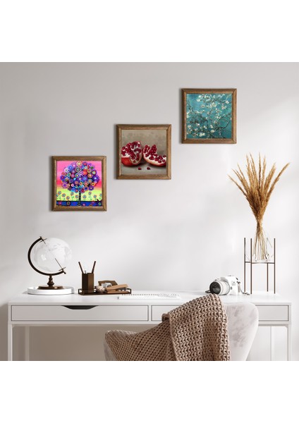 Van Gogh Badem Ağacı, Karla Gerard Hayat Ağacı, Nar Taş Duvar Tablosu Ahşap Çerçeveli Duvar Dekoru 3 Parça Tablo Seti Wall Art W3-1043