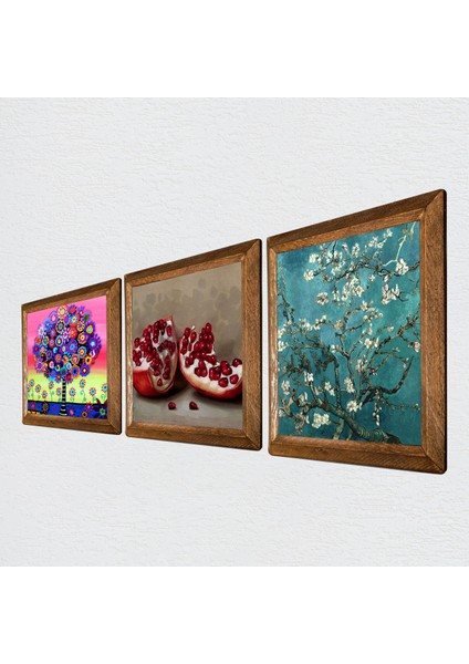 Van Gogh Badem Ağacı, Karla Gerard Hayat Ağacı, Nar Taş Duvar Tablosu Ahşap Çerçeveli Duvar Dekoru 3 Parça Tablo Seti Wall Art W3-1043 fiyatları