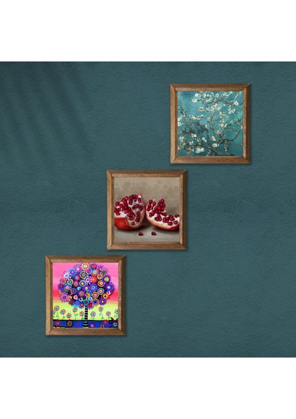 Van Gogh Badem Ağacı, Karla Gerard Hayat Ağacı, Nar Taş Duvar Tablosu Ahşap Çerçeveli Duvar Dekoru 3 Parça Tablo Seti Wall Art W3-1043 modelleri
