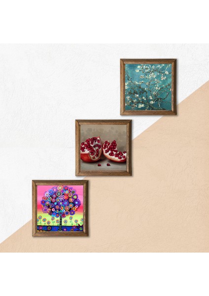 Van Gogh Badem Ağacı, Karla Gerard Hayat Ağacı, Nar Taş Duvar Tablosu Ahşap Çerçeveli Duvar Dekoru 3 Parça Tablo Seti Wall Art W3-1043 indirimleri