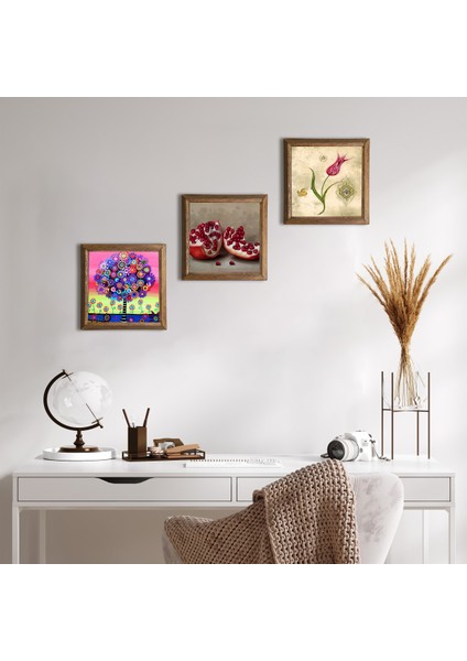 Lale Ebru Sanatı, Hayat Ağacı, Nar Taş Duvar Tablosu Ahşap Çerçeveli Duvar Dekoru 3 Parça Tablo Seti Wall Art W3-1047