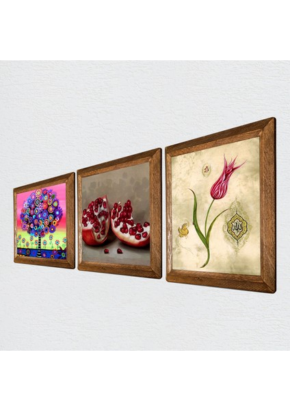 Lale Ebru Sanatı, Hayat Ağacı, Nar Taş Duvar Tablosu Ahşap Çerçeveli Duvar Dekoru 3 Parça Tablo Seti Wall Art W3-1047