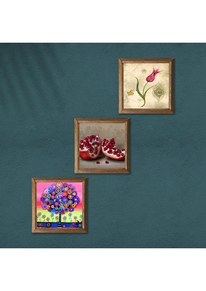 Lale Ebru Sanatı, Hayat Ağacı, Nar Taş Duvar Tablosu Ahşap Çerçeveli Duvar Dekoru 3 Parça Tablo Seti Wall Art W3-1047