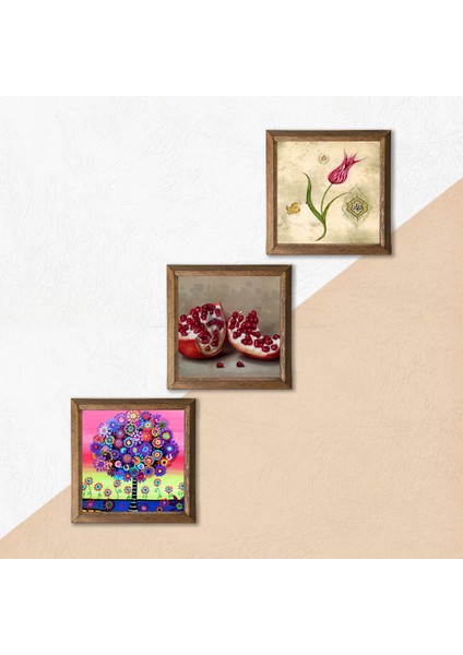Lale Ebru Sanatı, Hayat Ağacı, Nar Taş Duvar Tablosu Ahşap Çerçeveli Duvar Dekoru 3 Parça Tablo Seti Wall Art W3-1047