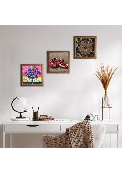 Sri Yantra, Karla Gerard Hayat Ağacı, Nar Ahşap Çerçeveli Taş Duvar Tablosu 3’lü Set – 25x25 cm Dekoratif Modern Sanat – Ev ve Ofis Dekoru |W3-1055|