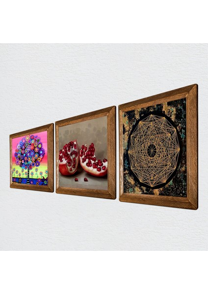 Sri Yantra, Karla Gerard Hayat Ağacı, Nar Ahşap Çerçeveli Taş Duvar Tablosu 3’lü Set – 25x25 cm Dekoratif Modern Sanat – Ev ve Ofis Dekoru |W3-1055| fiyatları