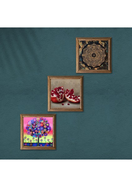 Sri Yantra, Karla Gerard Hayat Ağacı, Nar Ahşap Çerçeveli Taş Duvar Tablosu 3’lü Set – 25x25 cm Dekoratif Modern Sanat – Ev ve Ofis Dekoru |W3-1055| modelleri