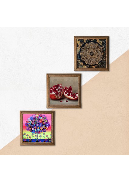 Sri Yantra, Karla Gerard Hayat Ağacı, Nar Ahşap Çerçeveli Taş Duvar Tablosu 3’lü Set – 25x25 cm Dekoratif Modern Sanat – Ev ve Ofis Dekoru |W3-1055| indirimleri