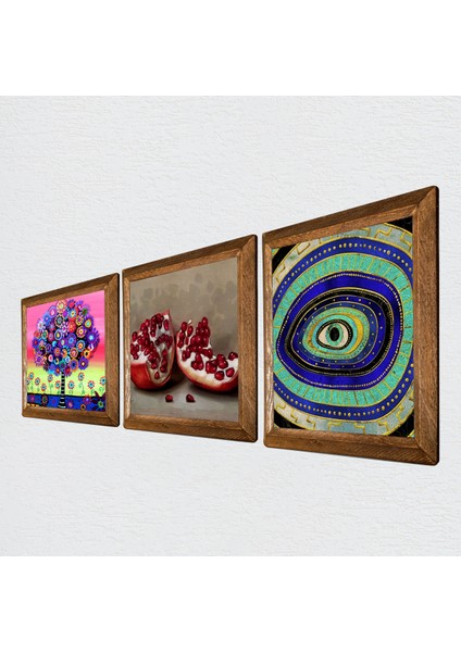Nazar, Hayat Ağacı, Nar Taş Duvar Tablosu Ahşap Çerçeveli Duvar Dekoru 3 Parça Tablo Seti Wall Art W3-1056 fiyatları