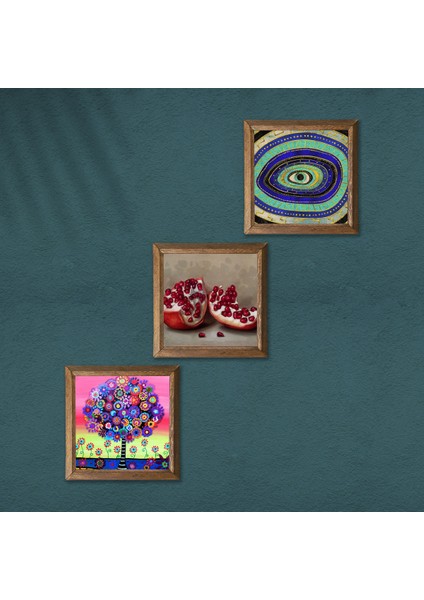 Nazar, Hayat Ağacı, Nar Taş Duvar Tablosu Ahşap Çerçeveli Duvar Dekoru 3 Parça Tablo Seti Wall Art W3-1056 modelleri