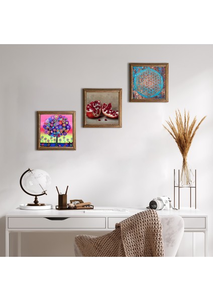 Yaşam Çiçeği, Karla Gerard Hayat Ağacı, Nar Taş Duvar Tablosu Ahşap Çerçeveli Duvar Dekoru 3 Parça Tablo Seti Wall Art W3-1054