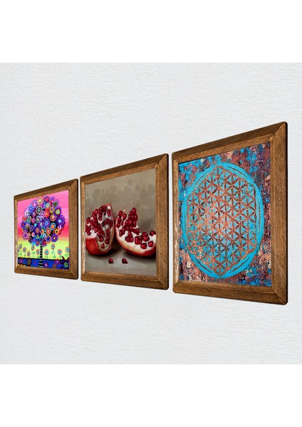Yaşam Çiçeği, Karla Gerard Hayat Ağacı, Nar Taş Duvar Tablosu Ahşap Çerçeveli Duvar Dekoru 3 Parça Tablo Seti Wall Art W3-1054