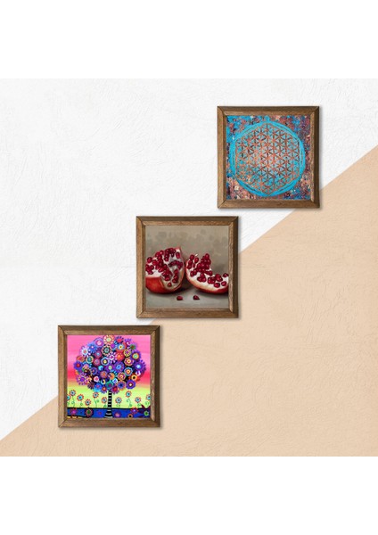 Yaşam Çiçeği, Karla Gerard Hayat Ağacı, Nar Taş Duvar Tablosu Ahşap Çerçeveli Duvar Dekoru 3 Parça Tablo Seti Wall Art W3-1054