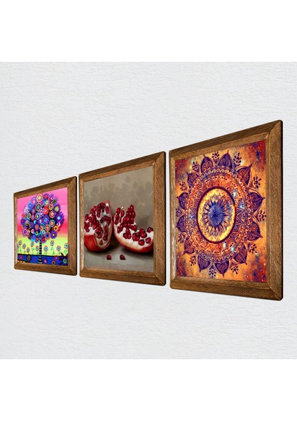Mandala, Hayat Ağacı, Nar Taş Duvar Tablosu Ahşap Çerçeveli Duvar Dekoru 3 Parça Tablo Seti Wall Art W3-1060 fiyatları