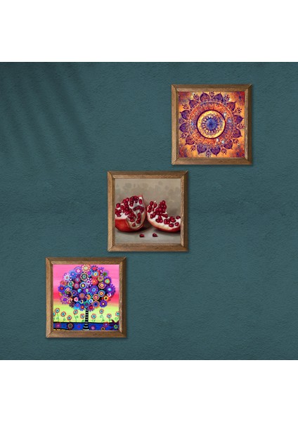 Mandala, Hayat Ağacı, Nar Taş Duvar Tablosu Ahşap Çerçeveli Duvar Dekoru 3 Parça Tablo Seti Wall Art W3-1060 modelleri