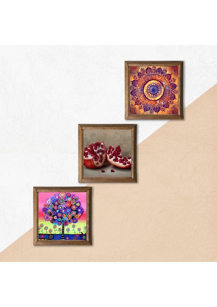 Mandala, Hayat Ağacı, Nar Taş Duvar Tablosu Ahşap Çerçeveli Duvar Dekoru 3 Parça Tablo Seti Wall Art W3-1060 indirimleri