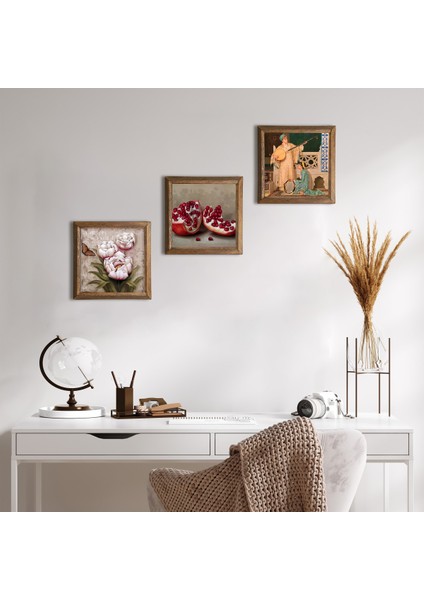 İki Müzisyen Kız Tablosu, Kelebekli Çiçek, Nar Taş Duvar Tablosu Ahşap Çerçeveli Duvar Dekoru 3 Parça Tablo Seti Wall Art W3-1207