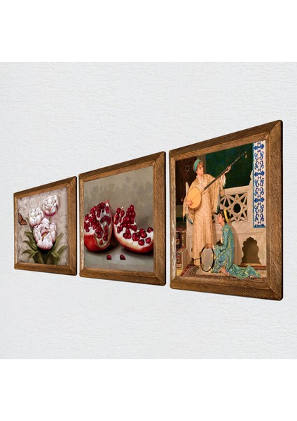 İki Müzisyen Kız Tablosu, Kelebekli Çiçek, Nar Taş Duvar Tablosu Ahşap Çerçeveli Duvar Dekoru 3 Parça Tablo Seti Wall Art W3-1207