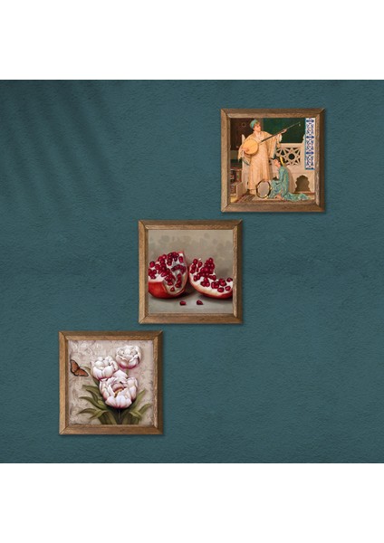 İki Müzisyen Kız Tablosu, Kelebekli Çiçek, Nar Taş Duvar Tablosu Ahşap Çerçeveli Duvar Dekoru 3 Parça Tablo Seti Wall Art W3-1207