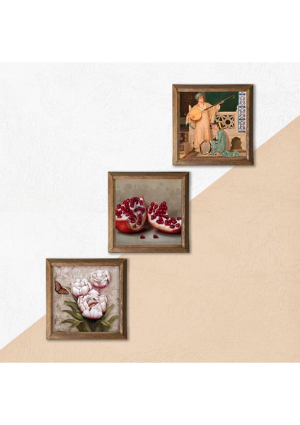 İki Müzisyen Kız Tablosu, Kelebekli Çiçek, Nar Taş Duvar Tablosu Ahşap Çerçeveli Duvar Dekoru 3 Parça Tablo Seti Wall Art W3-1207