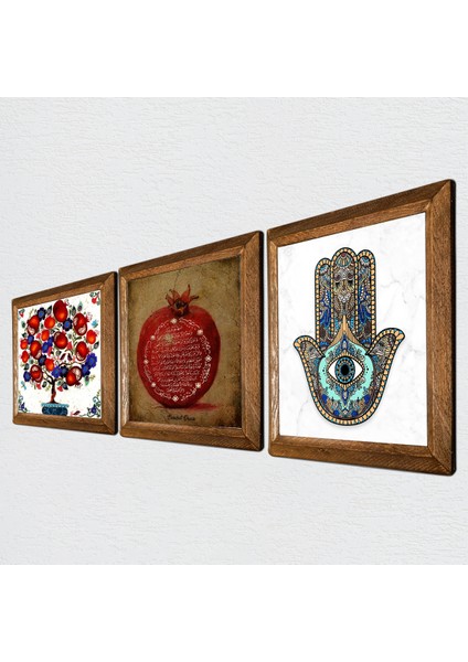 Bereket Duası, Nar Ağacı, Fatma Ana Eli (Hamsa) Ahşap Çerçeveli Taş Duvar Tablosu 3’lü Set – 25x25 cm Dekoratif Modern Sanat – Ev ve Ofis Dekoru |W3-121| fiyatları