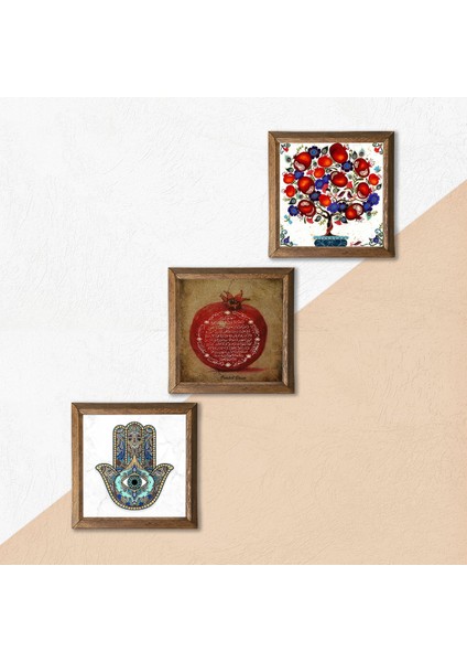 Bereket Duası, Nar Ağacı, Fatma Ana Eli (Hamsa) Ahşap Çerçeveli Taş Duvar Tablosu 3’lü Set – 25x25 cm Dekoratif Modern Sanat – Ev ve Ofis Dekoru |W3-121| indirimleri