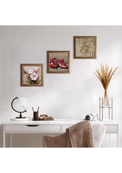 Mozaik Serisi, Kelebekli Çiçek, Nar Taş Duvar Tablosu Ahşap Çerçeveli Duvar Dekoru 3 Parça Tablo Seti Wall Art W3-1220