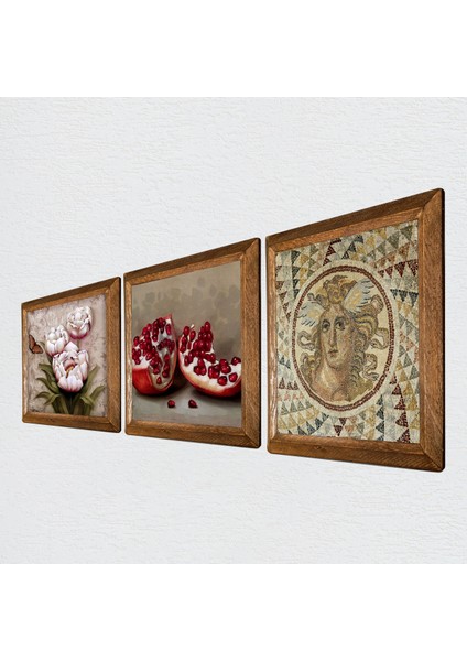 Mozaik Serisi, Kelebekli Çiçek, Nar Taş Duvar Tablosu Ahşap Çerçeveli Duvar Dekoru 3 Parça Tablo Seti Wall Art W3-1220 fiyatları