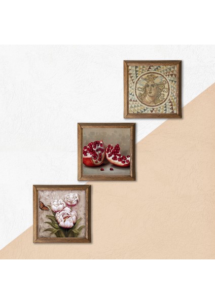 Mozaik Serisi, Kelebekli Çiçek, Nar Taş Duvar Tablosu Ahşap Çerçeveli Duvar Dekoru 3 Parça Tablo Seti Wall Art W3-1220 indirimleri