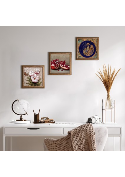 Tavus Kuşu, Kelebekli Çiçek, Nar Taş Duvar Tablosu Ahşap Çerçeveli Duvar Dekoru 3 Parça Tablo Seti Wall Art W3-1248