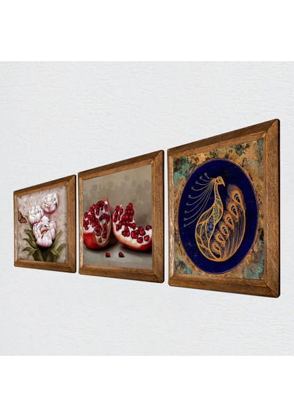Tavus Kuşu, Kelebekli Çiçek, Nar Taş Duvar Tablosu Ahşap Çerçeveli Duvar Dekoru 3 Parça Tablo Seti Wall Art W3-1248